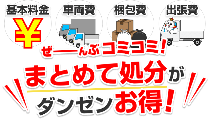 基本料金・車両費・梱包費・出張費が全部コミコミ！まとめて処分が断然お得！
